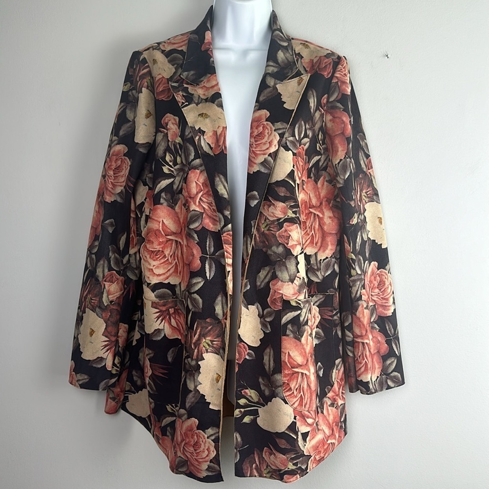 Solitaire Floral Faux Suede Open Front Jacket Relaxed Fit Size M Stretchy Pocket